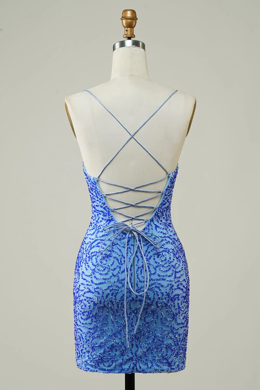 Spaghetti Straps Blue Tight Glitter Homecoming Dress with Beaded sold by Zapaka product image thumbnail 2