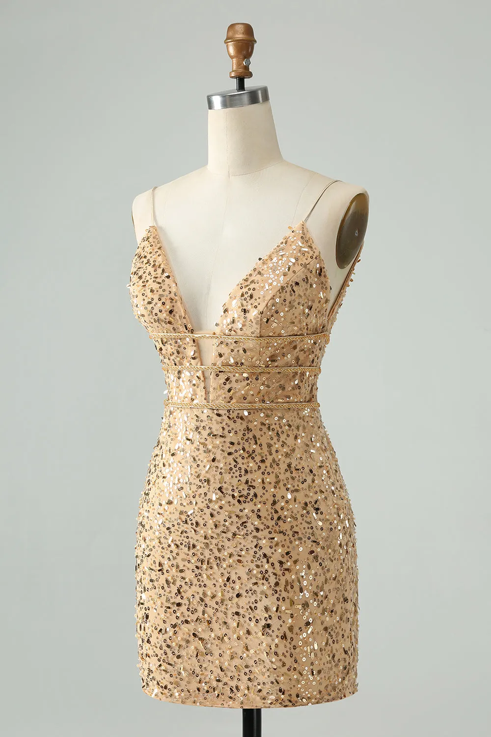 Unique Sparkly Golden Tight Spaghetti Strap Short Homecoming Dress with Sequins sold by Zapaka product image thumbnail 3