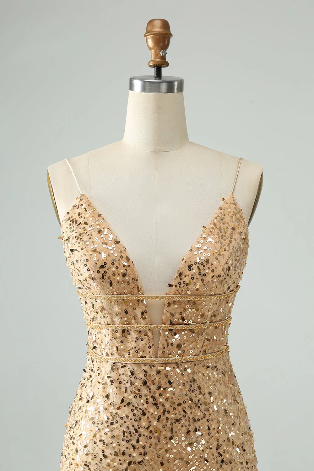 Unique Sparkly Golden Tight Spaghetti Strap Short Homecoming Dress with Sequins sold by Zapaka product image thumbnail 4