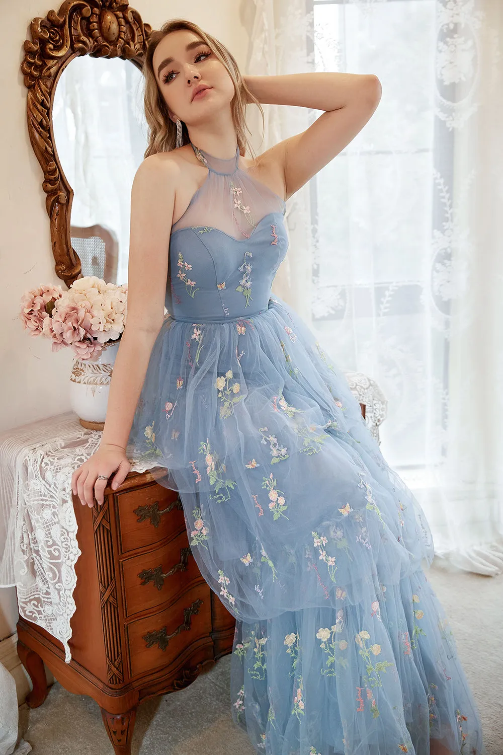 A Line Halter Grey Blue Plus Size Prom Dress with Embroidery sold by Zapaka product image thumbnail 4