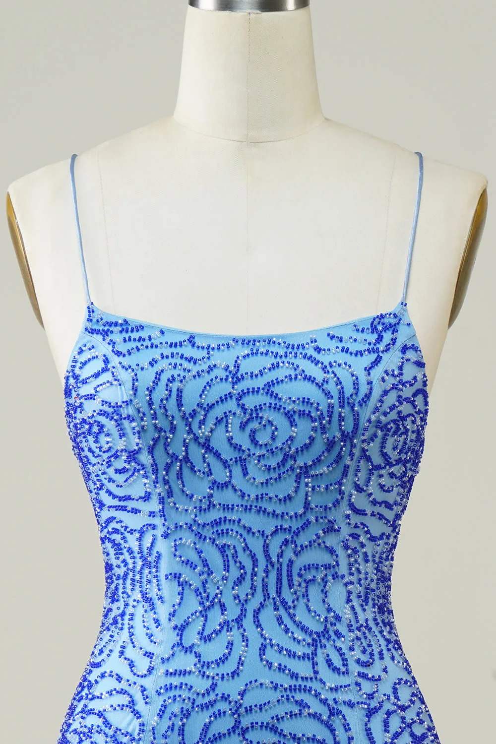 Spaghetti Straps Blue Tight Glitter Homecoming Dress with Beaded sold by Zapaka product image thumbnail 4