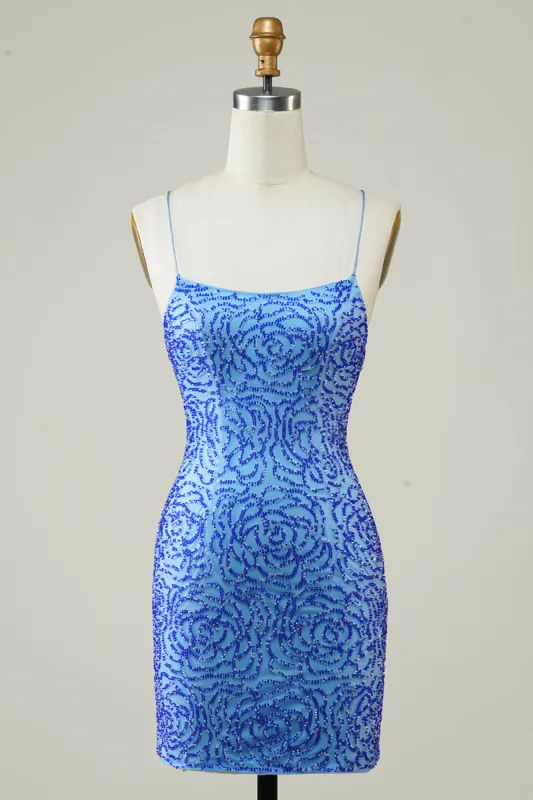 Spaghetti Straps Blue Tight Glitter Homecoming Dress with Beaded sold by Zapaka