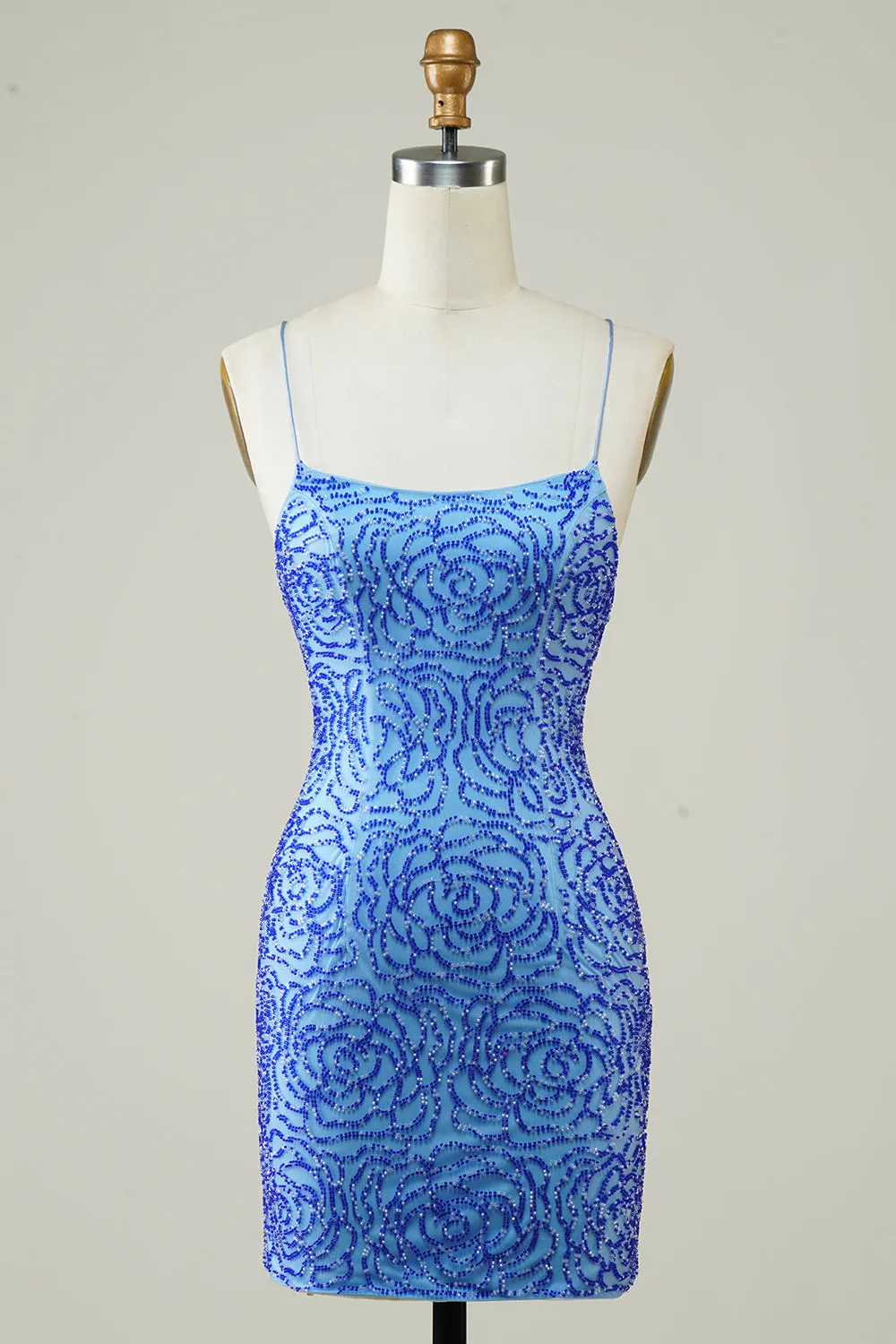 Spaghetti Straps Blue Tight Glitter Homecoming Dress with Beaded sold by Zapaka