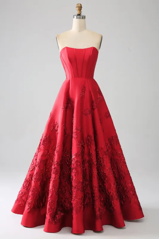 Elegant Princess A-Line Strapless Dark Red Long Prom Dress with 3D Flowers sold by Zapaka
