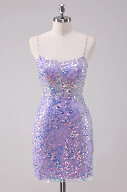 Sparkly Purple Bodycon Spaghetti Straps Sequins Short Homecoming Dress sold by Zapaka