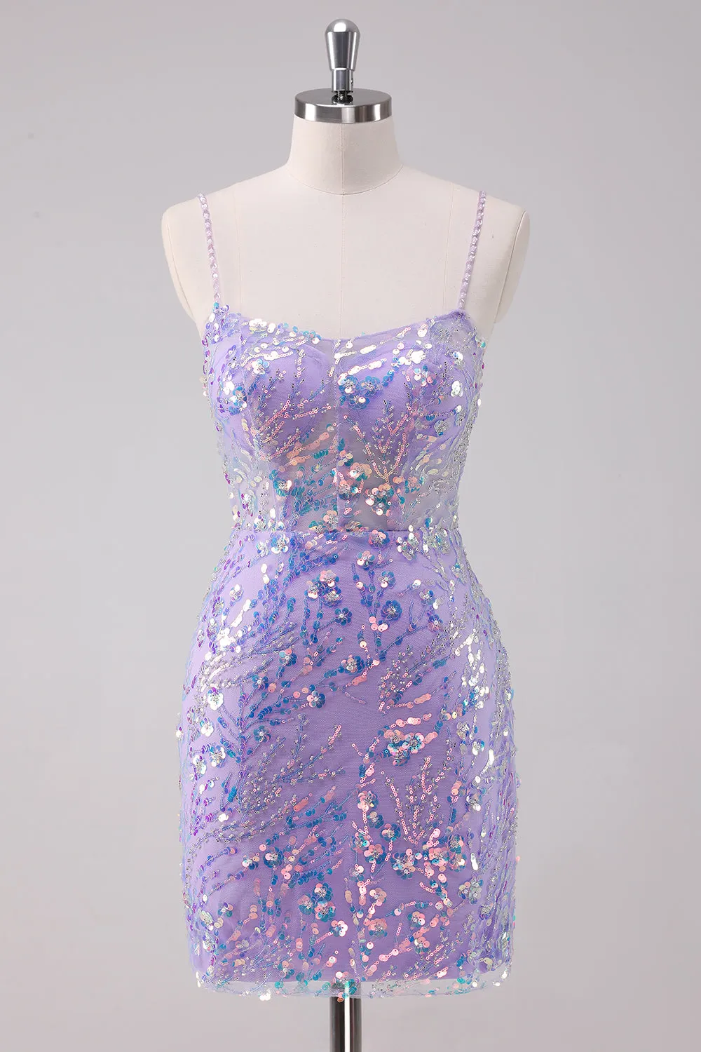Sparkly Purple Bodycon Spaghetti Straps Sequins Short Homecoming Dress sold by Zapaka