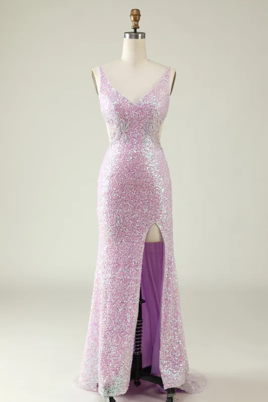 Sheath V Neck Lilac Sequins Long Prom Dress with Split Front sold by Zapaka