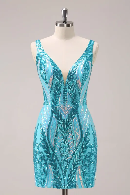 Sparkly Blue Tight V Neck Short Homecoming Dress with Sequins sold by Zapaka