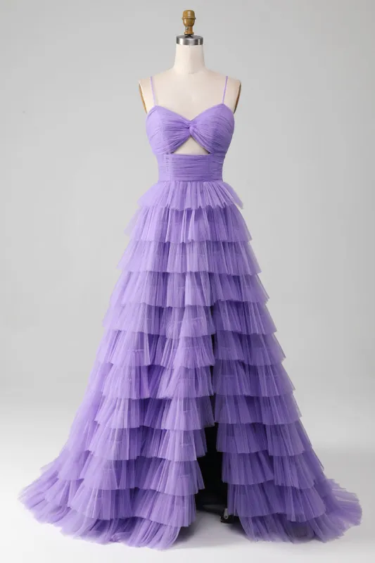 Purple Tulle A-Line Tiered Long Prom Dress with Slit sold by Zapaka