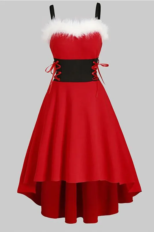 Red Vintage Christmas Party Dress with Feather sold by Zapaka
