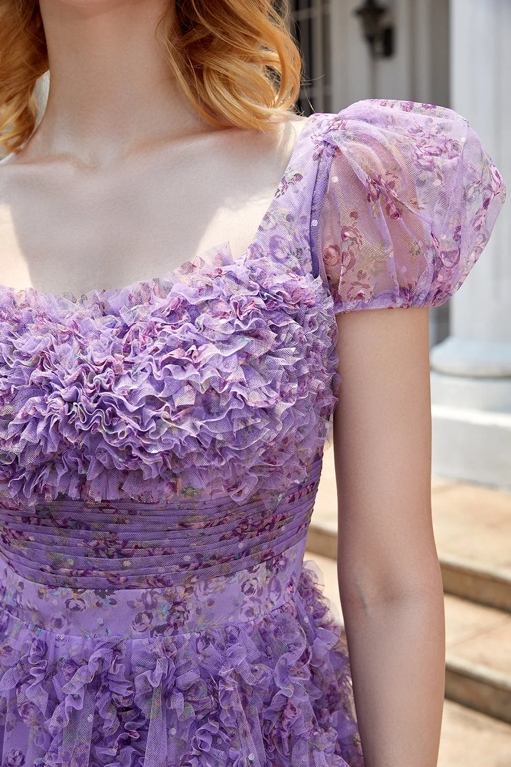 A Line Purple Square Neck Printed Homecoming Dress with Ruffles sold by Zapaka product image thumbnail 5