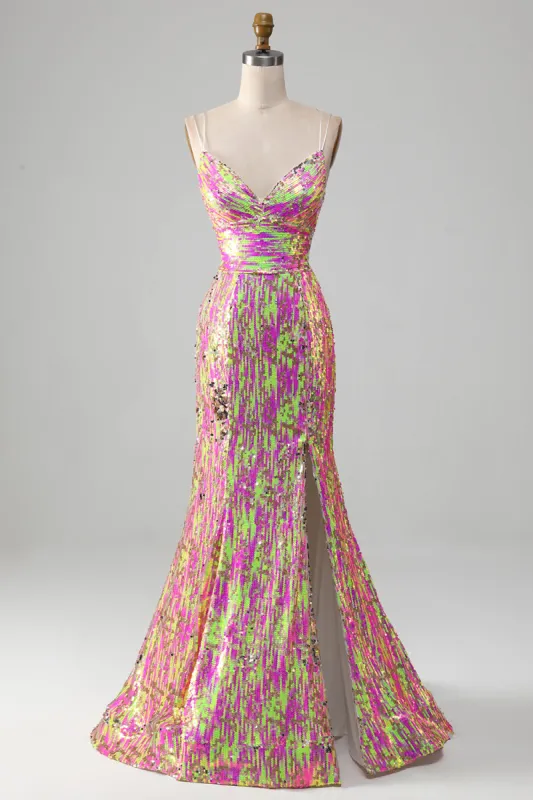 Hot Pink Sparkly Mermaid Prom Dress with Slit sold by Zapaka