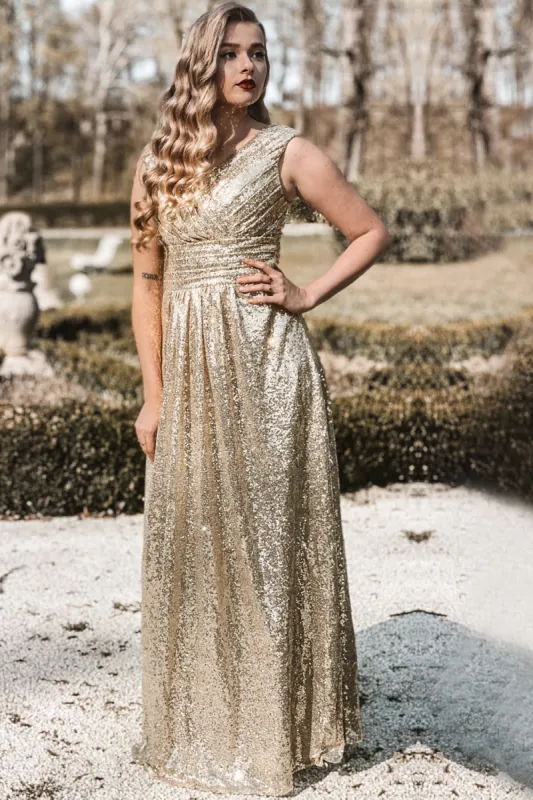 Gold V Neck Sequin Prom Bridesmaid sold by Zapaka
