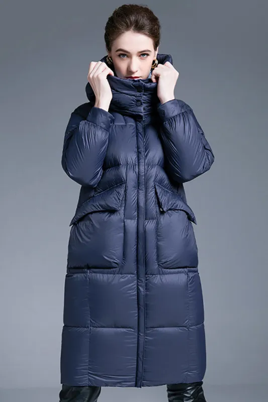 Navy Long Winter Down Jacket With Pockets sold by Zapaka