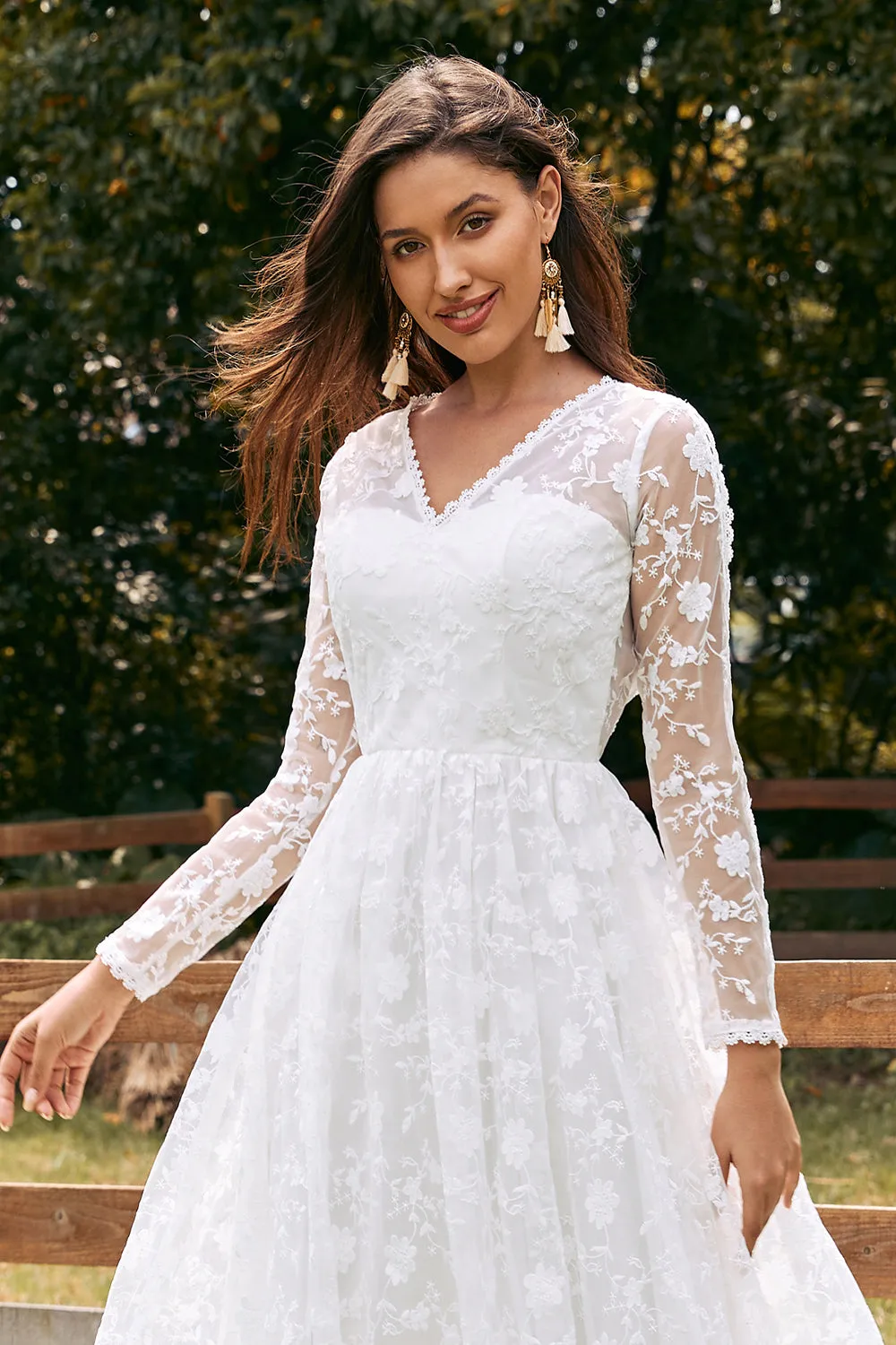 Ivory A-Line V-Neck Lace Sweep Train Wedding Dress with Sleeves sold by Zapaka product image thumbnail 4