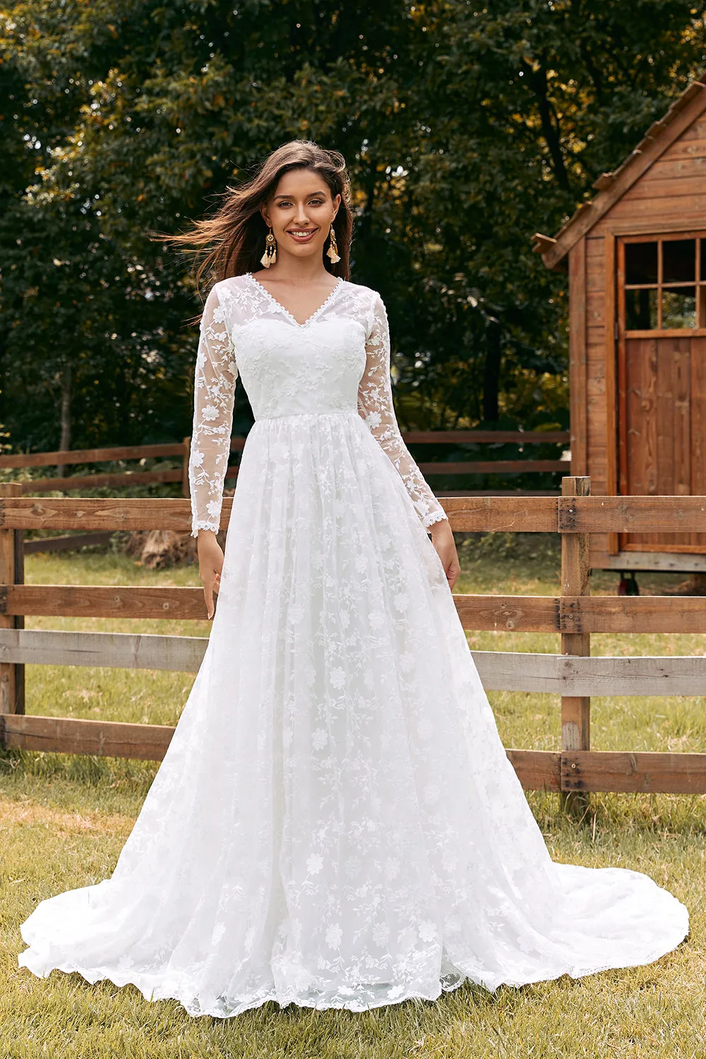 Ivory A-Line V-Neck Lace Sweep Train Wedding Dress with Sleeves sold by Zapaka