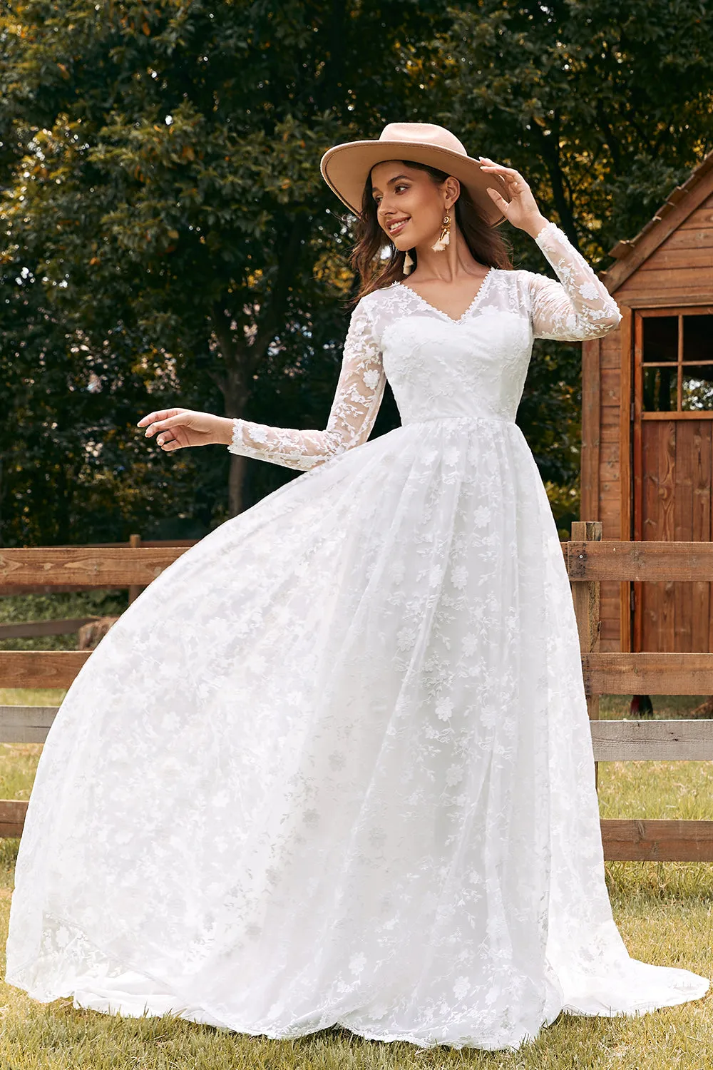 Ivory A-Line V-Neck Lace Sweep Train Wedding Dress with Sleeves sold by Zapaka product image thumbnail 3