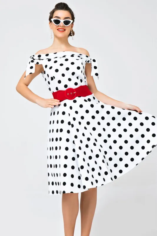 White Off-shoulder Dress with Black Polka Dots sold by Zapaka