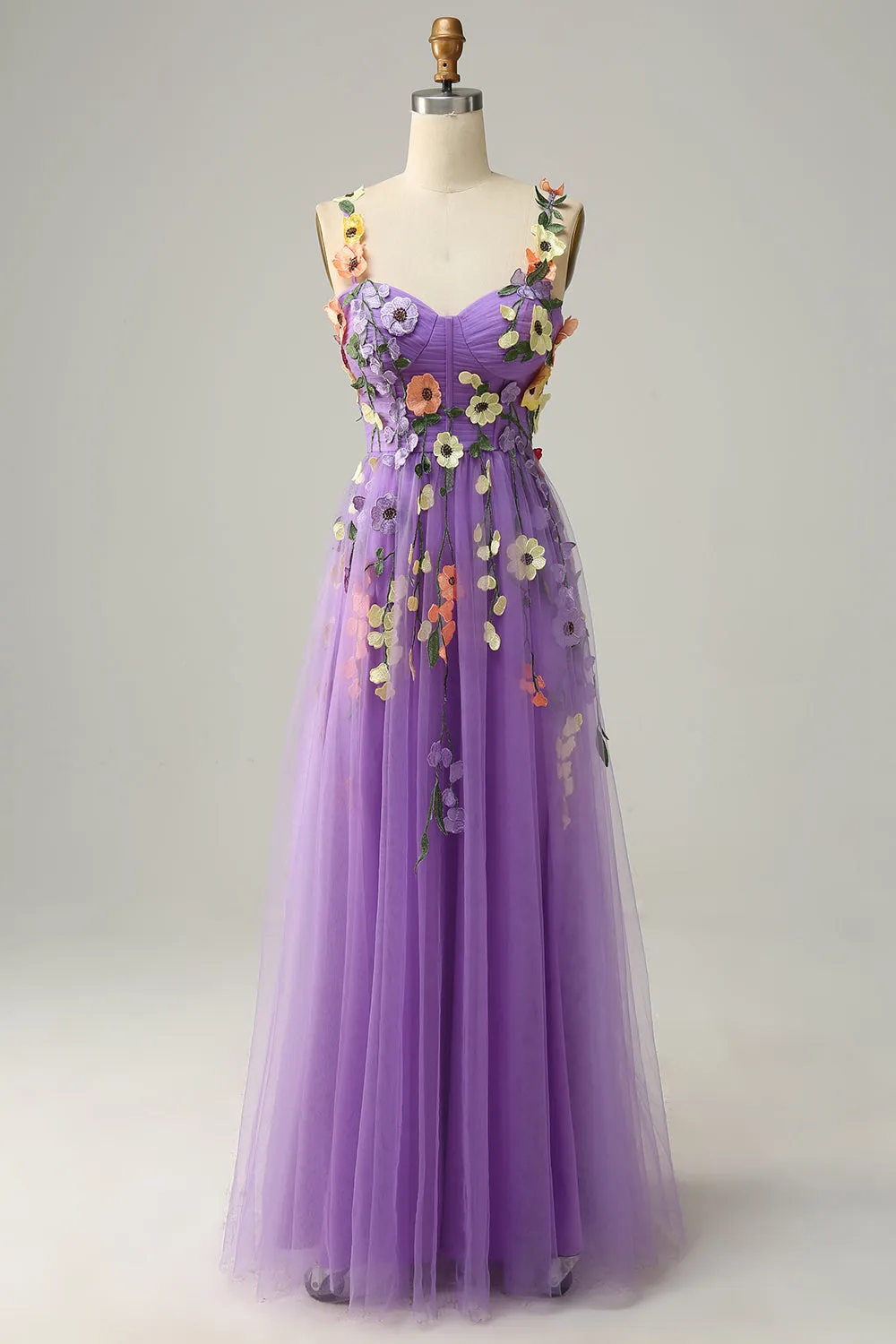 A Line Purple Spaghetti Straps Prom Dress With 3D Flowers sold by Zapaka