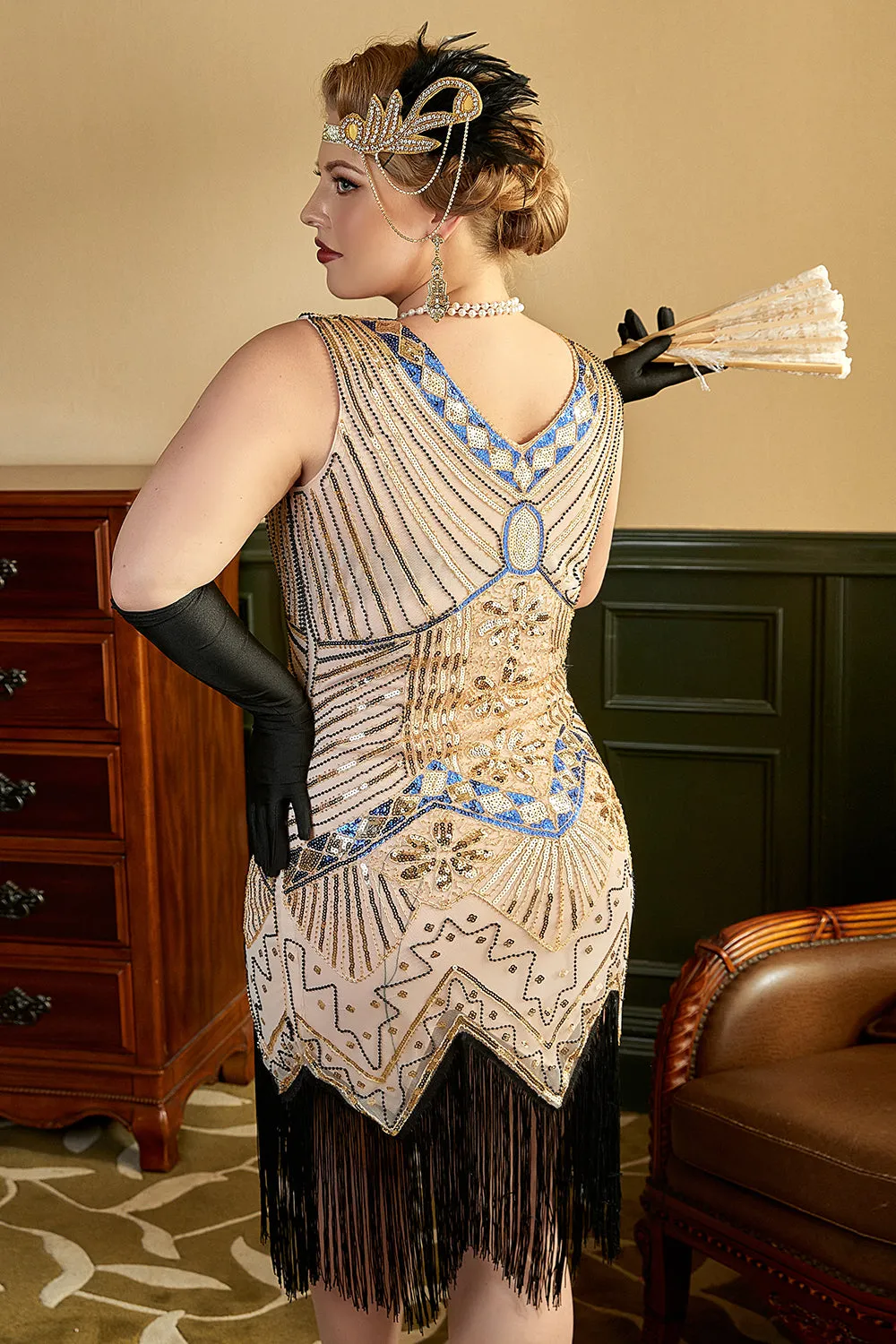 Apricot Sequins 1920s Plus Size Dress with 20s Acessories Set sold by Zapaka product image thumbnail 3