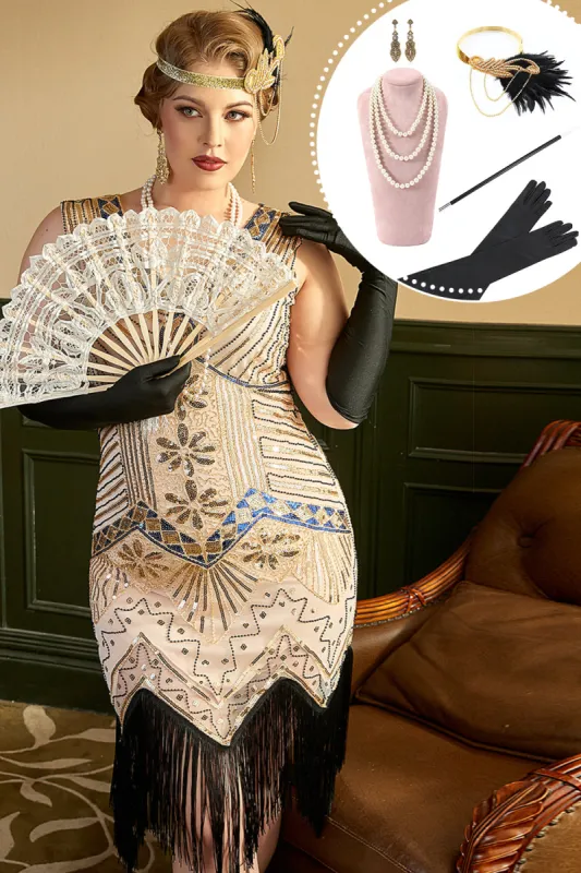 Apricot Sequins 1920s Plus Size Dress with 20s Acessories Set sold by Zapaka