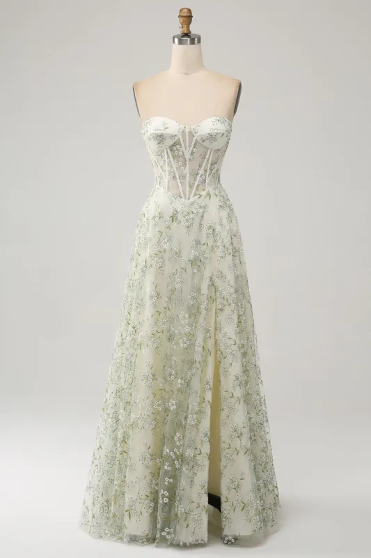 A-Line Light Green Corset Prom Dress with Embroidery sold by Zapaka