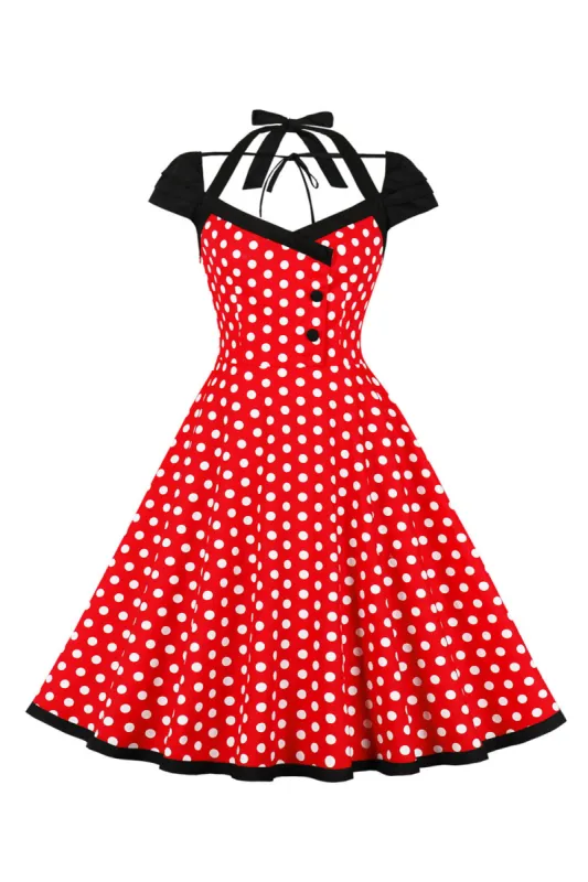 Red Polka Dots Halter Swing 1950s Dress sold by Zapaka