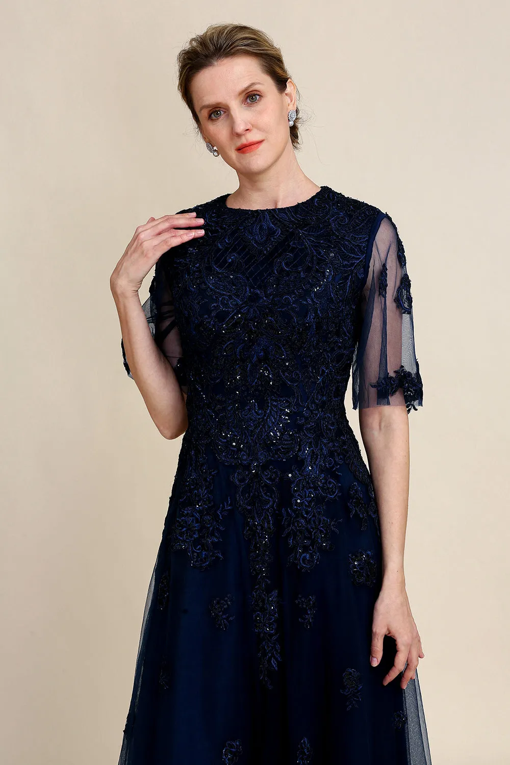 Sparkly Navy Beaded Mother of the Bride Dress with Lace sold by Zapaka product image thumbnail 3