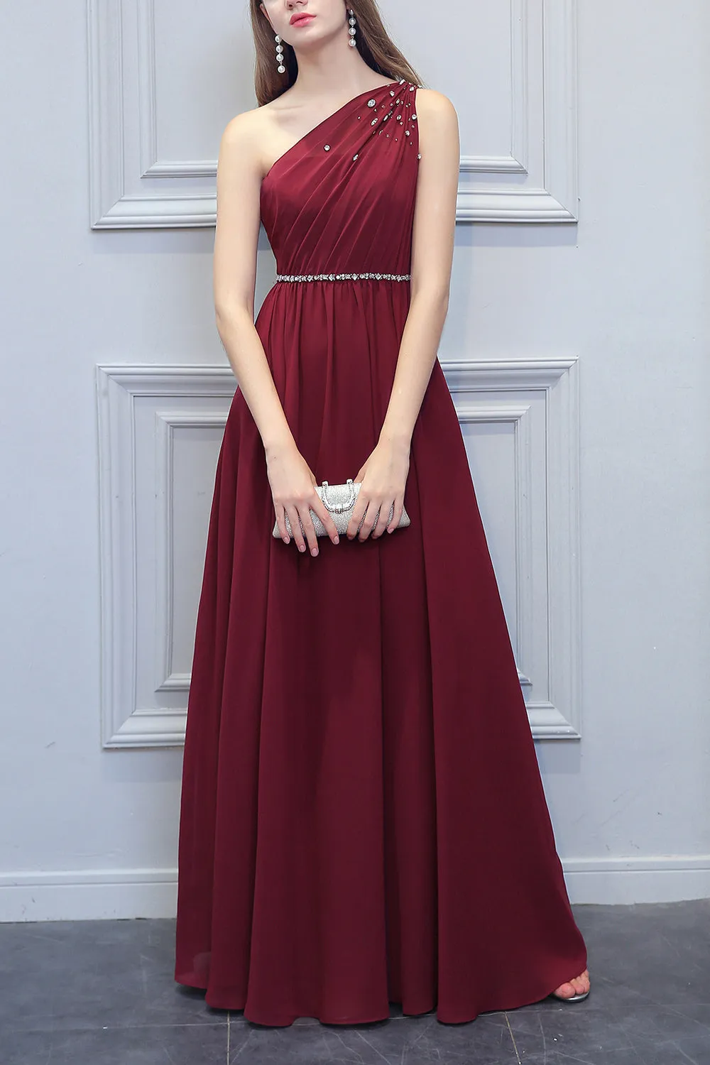 One Shoulder Long Chiffon Bridesmaid Dress With Beading sold by Zapaka product image thumbnail 5