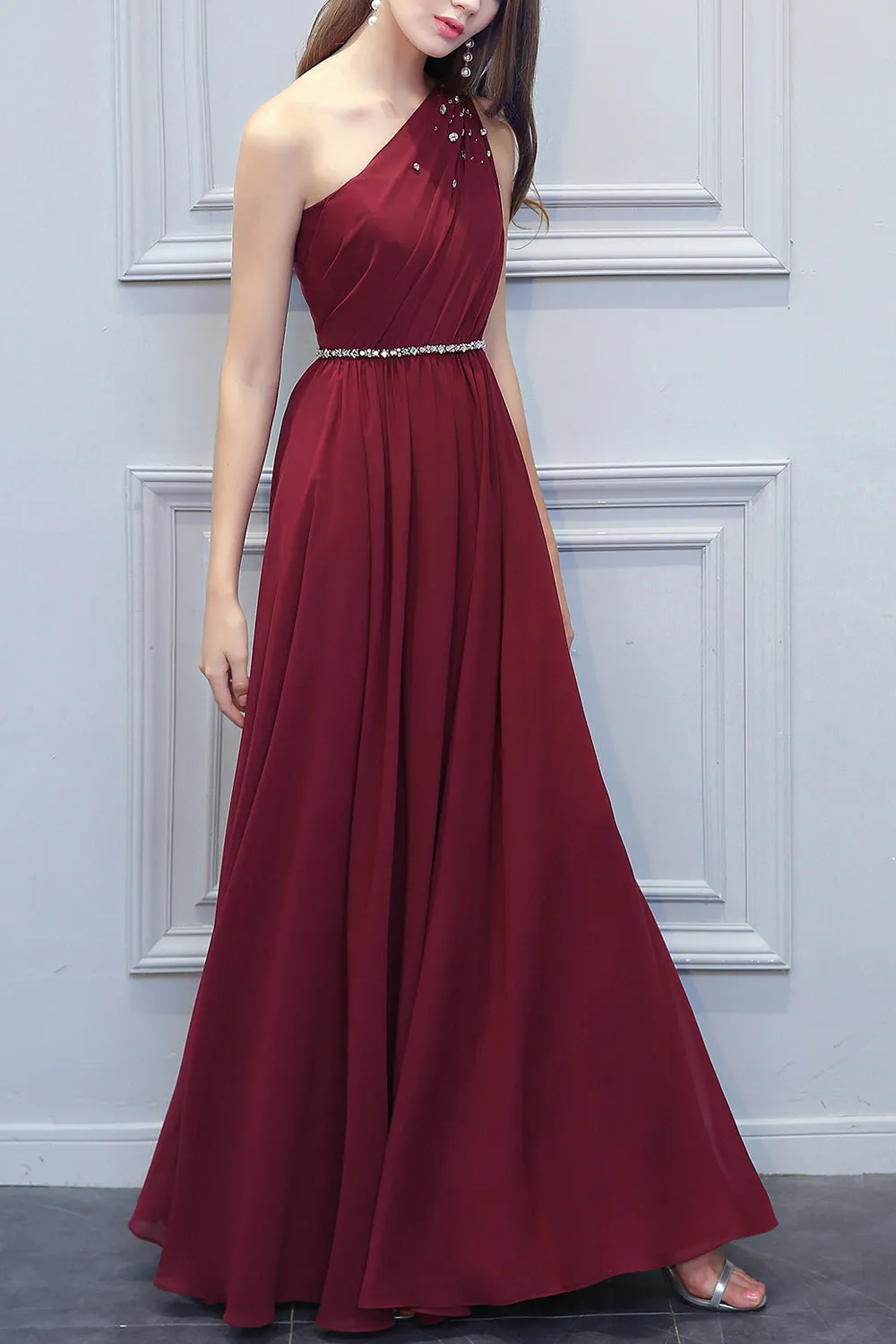 One Shoulder Long Chiffon Bridesmaid Dress With Beading sold by Zapaka product image thumbnail 3