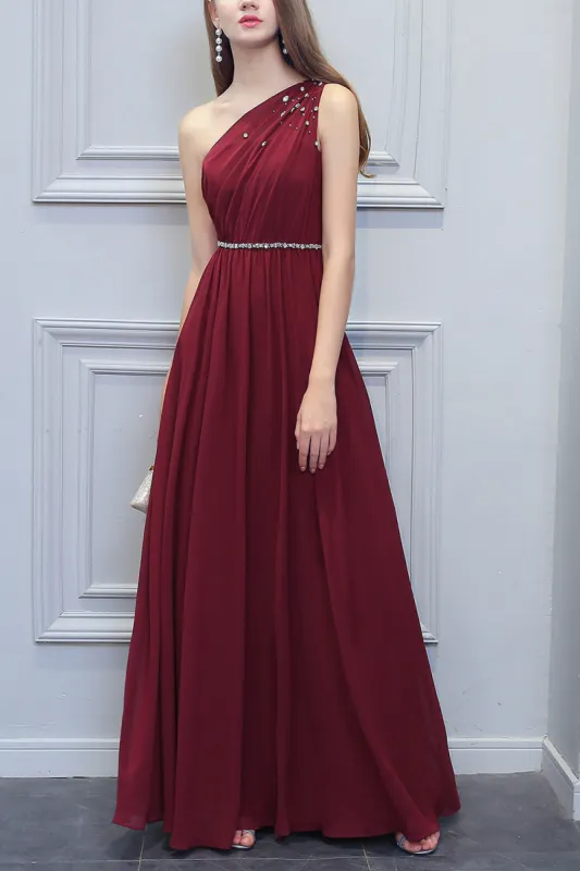 One Shoulder Long Chiffon Bridesmaid Dress With Beading sold by Zapaka