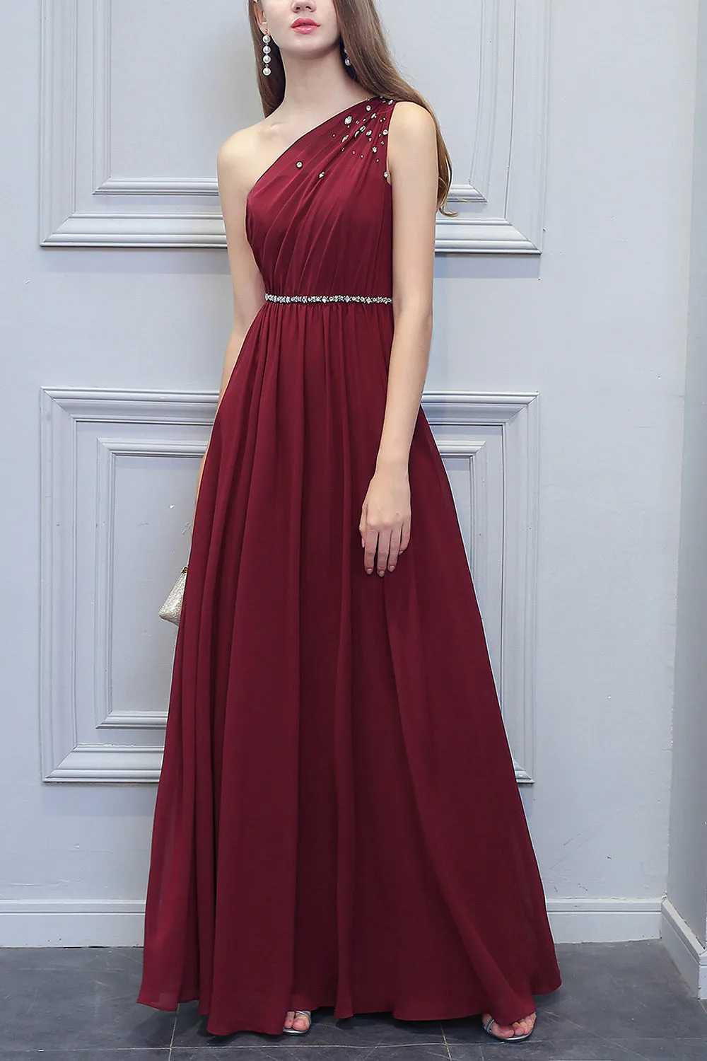 One Shoulder Long Chiffon Bridesmaid Dress With Beading sold by Zapaka