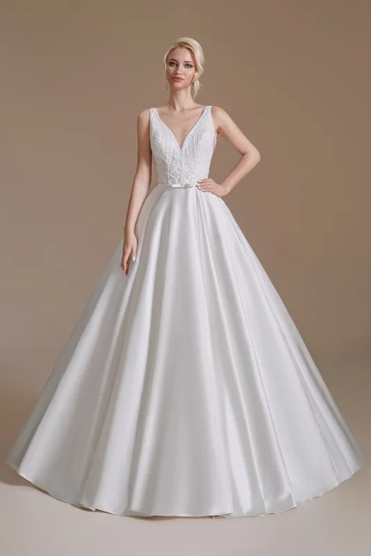 White A-Line V-Neck Wedding Dress with Lace sold by Zapaka