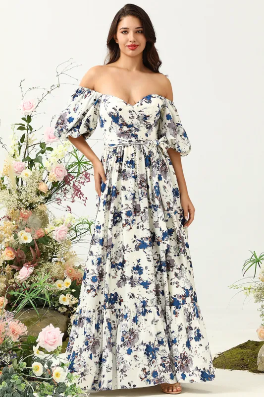 White Blue Flower Boho Bridesmaid Dress sold by Zapaka