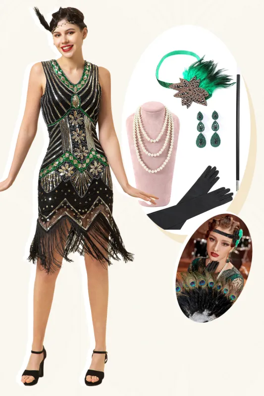 Black Green Sequins Fringes 1920s Gatsby Dress with 20s Accessories Set sold by Zapaka