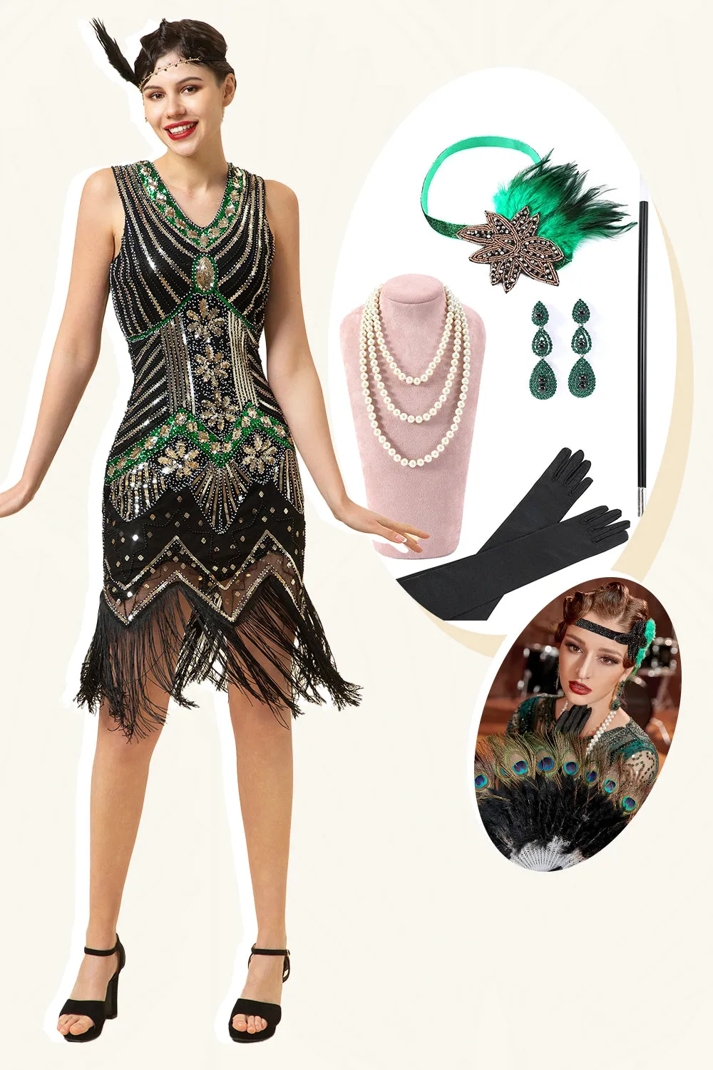 Black Green Sequins Fringes 1920s Gatsby Dress with 20s Accessories Set sold by Zapaka