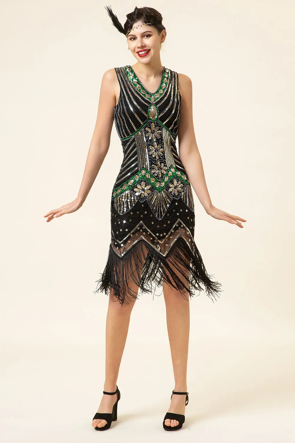 Black Green Sequins Fringes 1920s Gatsby Dress with 20s Accessories Set sold by Zapaka product image thumbnail 5