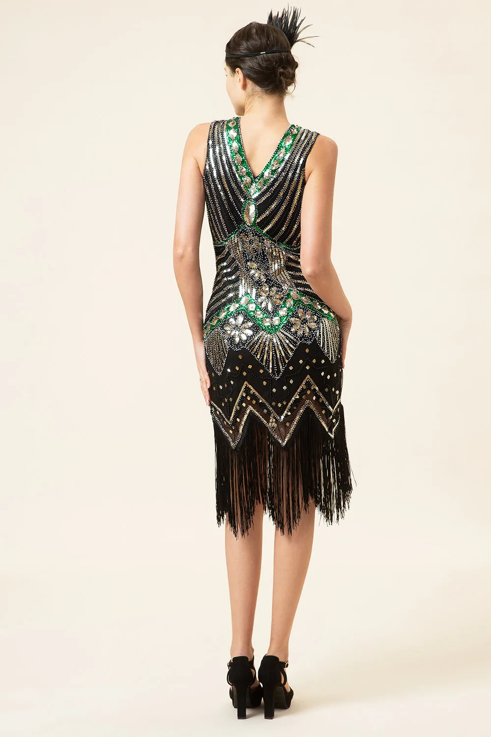 Black Green Sequins Fringes 1920s Gatsby Dress with 20s Accessories Set sold by Zapaka product image thumbnail 3
