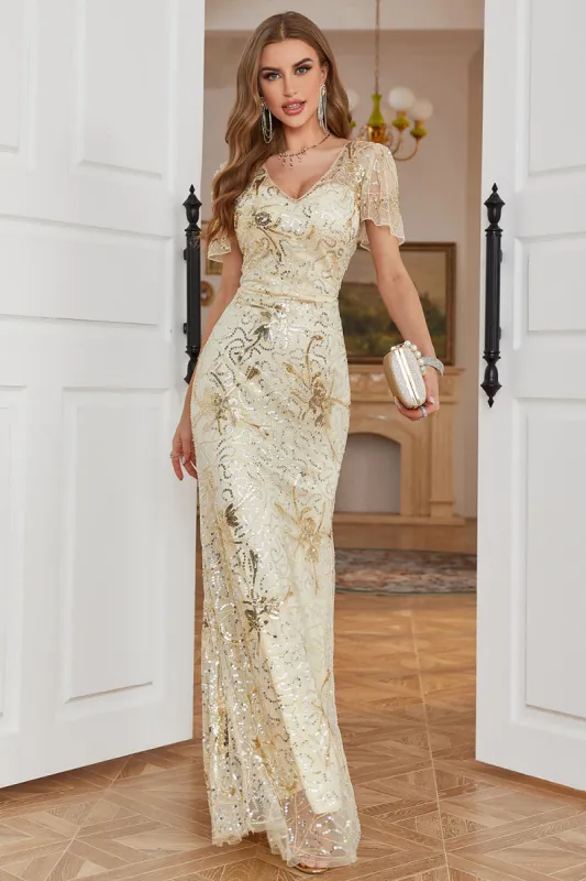 Golden V-Neck Short Sleeves Long Formal Evening Dress sold by Zapaka