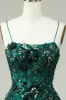 A Line Spaghetti Straps Dark Green Corset Prom Dress with Appliques sold by Zapaka