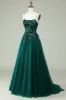 A Line Spaghetti Straps Dark Green Corset Prom Dress with Appliques sold by Zapaka