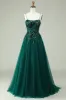 A Line Spaghetti Straps Dark Green Corset Prom Dress with Appliques sold by Zapaka