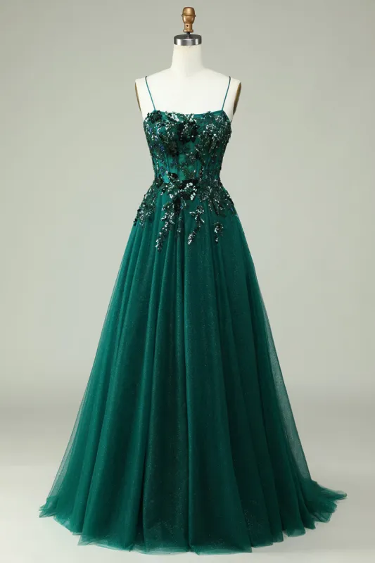 A Line Spaghetti Straps Dark Green Corset Prom Dress with Appliques sold by Zapaka