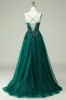 A Line Spaghetti Straps Dark Green Corset Prom Dress with Appliques sold by Zapaka