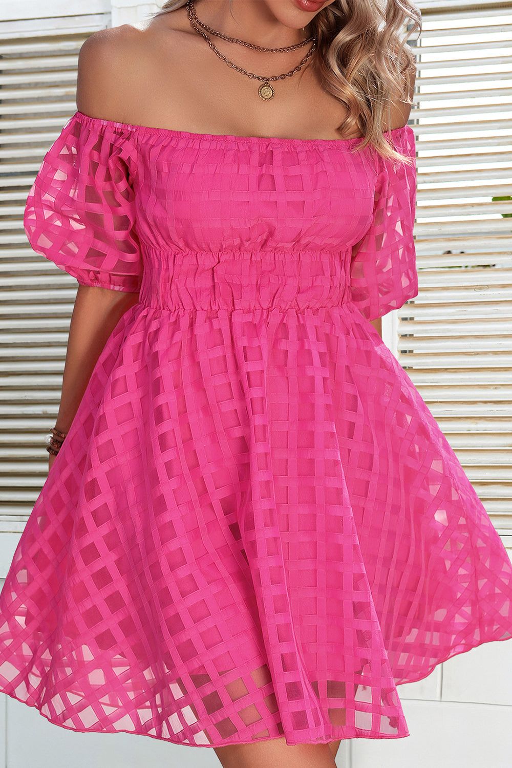 Fuchsia Off the Shoulder A-line Short Summer Dress sold by Zapaka product image thumbnail 4