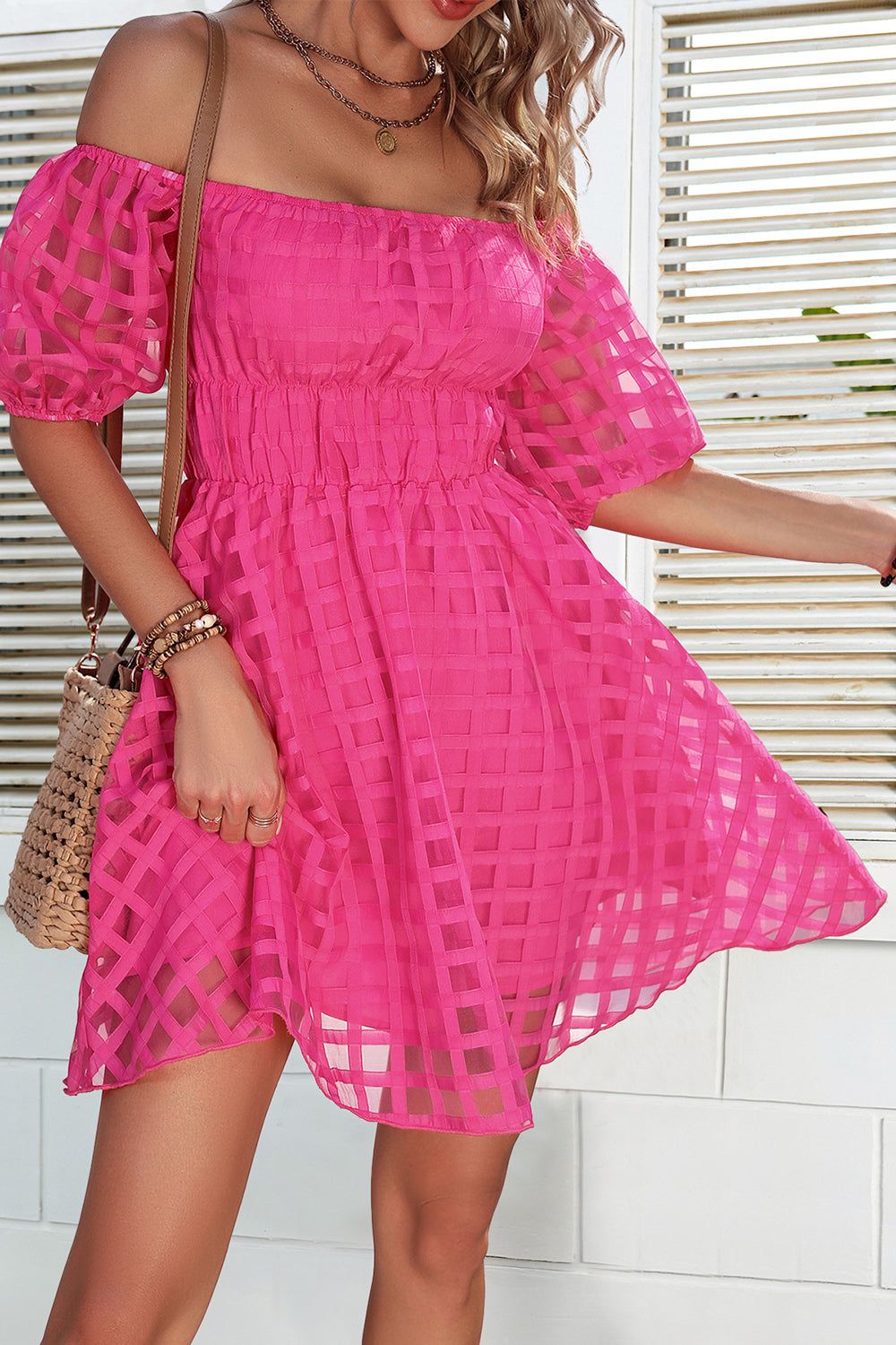 Fuchsia Off the Shoulder A-line Short Summer Dress sold by Zapaka