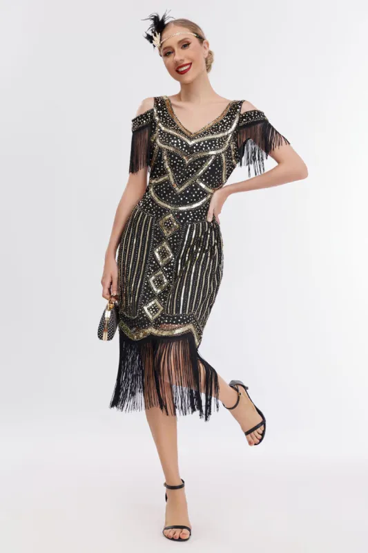 Black Golden Cold Shoulder Fringes 1920s Gatsby Dress sold by Zapaka