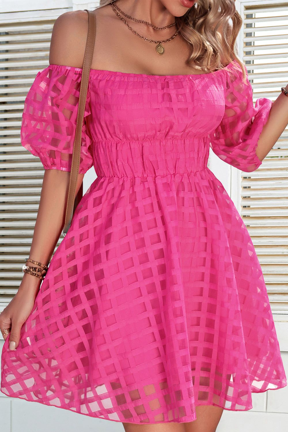 Fuchsia Off the Shoulder A-line Short Summer Dress sold by Zapaka product image thumbnail 5
