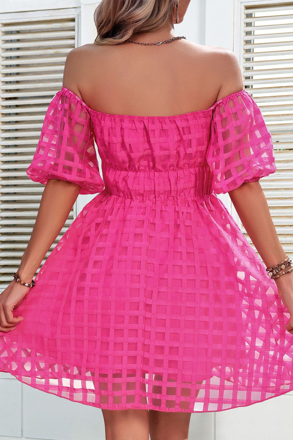 Fuchsia Off the Shoulder A-line Short Summer Dress sold by Zapaka product image thumbnail 2