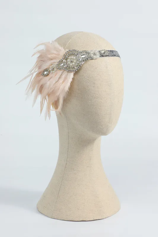 Blush 1920s Beaded Sequin Headband with Feather sold by Zapaka